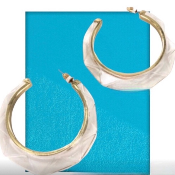 NEW Gottex 2 1/4” Hoopla Clear Lucite 18 KT Gold Plated Geometric Hoop Earrings - Picture 2 of 10